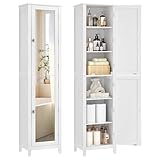 VASAGLE Badezimmerschrank mit Ganzkörperspiegel, Hochschrank, Badschrank mit verstellbaren Ablagen, 30 x 40 x 160 cm, für kleine Räume, Wohnzimmer, Flur, wolkenweiß BBC764WH01