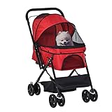 PawHut Hundebuggy Hundewagen Buggy für kleine Hunde und Katzen Haustierwagen Pet Stroller Katzenbuggy Oxford Rot 76,5 x 52 x 95 cm
