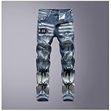 Herren Slim Fit Stretch Jeans Zerrissene Röhrenjeans für Männer, Distressed Destroyed Regular Straight Leg Fashion Comfort Flex Waist Jeanshose,Blau,29