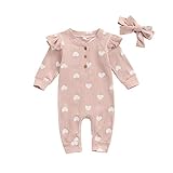 Neugeborenes Baby Mädchen Valentinstag Outfits niedlich gestrickt Herz drucken Rüsche lange Ärmel Jumpsuit Strampler mit Kopf Perle (Herz Rosa, 0-3 Months)