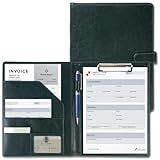 Schreibmappe A4,PU-Leder Konferenzmappe mit Deckel,Klemmbrett A4,Arbeitsmappe mit Dokumentenfächern Stiftehalter und Magnetverschluss für Büro & Konferenzen(Dunkelgrün)