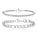 2 StüCke Herren Edelstahl Armband,Panzerkette Armband Herren, Armband Schwarz Edelstahl Herren19/21/23 CM Edelstahlarmband FüR Herren, Silber/Schwarz Armband Herren (Silber, 19)