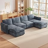 Miuuod 305 cm breites U/L-förmiges 6-Sitzer-Sofa, 4 Sitze mit 2 Aufbewahrungshocker, Moderne Wohnlandschaft mit Massivholzrahmen, modulares Sofalandschaft mit tiefer Sitzfläche