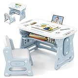 LIFEZEAL Kinder Tisch Stuhl Set, Zeichentisch mit magnetischer Whiteboard & Kinderstuhl, Verstellbarer & neigbarer Schreibtisch mit Stauraum, Maltisch für Kinder ab 3 Jahr (Weiß + Blau)