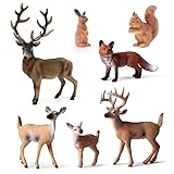 SIENON 7Stück Waldtiere Figuren Spielzeug, Tiere mit Hirsch Familie, Elch, Fuchs, Kaninchen, Eichhörnchen für Woodland Kuchen Cupcake Toppers Weihnachten Party Deko