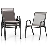 GOPLUS Gartenstühle 4er Set, Bistrostuhl stapelbar mit Rückenlehne Armlehne, Balkonstuhl aus Metall bis 150 kg belastbar, Stapelstuhl Essstuhl Outdoor für Garten Terrassen Balkon Pool (Grau)