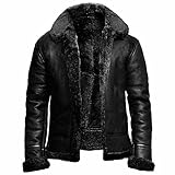 NLAVW Herren Flying Winter Jacket,Shearling Lederjacke Bomber Warm Filling Biker Motorrad Pelz Mantel Jacke,Schwarz,L
