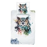 MTOnlinehandel Bettwäsche 135x200 Magische Tierwelt, 100% Baumwolle, 1 Kissenbezug 80x80 cm + 1 Bettbezug 135x200 cm, Reißverschluss, Wendebettwäsche weiß - Petrol (Eule)