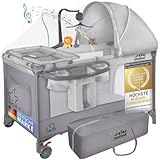 all Kids United® Baby Reisebett Babybett - Babycenter Kinderreisebett Kinderbett mit Matratze, Wickelauflage, Musikspiel und Mobile (Grau)