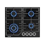 TOPWISH Gaskochfeld 4 flammig, Einbau Gaskochfeld, Gaskochfelder mit weiße beleuchteter Drehknopf, ghärtetes Glas-Gaskochfeld, NG/LPG Konvertierbar, Automatischer Thermoelementschutz, 60cm, 8000 Watt