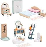 Puppenhaus Möbel Holz Set, Holz und Kunststoff Bad und Schlafzimmer-Set, 24 Teiliges Puppenhaus Zubehör Pretend Play Möbel Spielzeug für Jungen, Mädchen und Kleinkinder Wooden Dollhouse Furniture Set