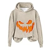 Halloween-Outfits für Damen, Kürbis, gruseliger Herbstdruck, Kapuzen-Sweatshirt, leichte Ärmel, beige, XL