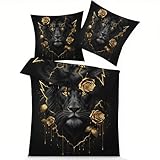 GEDAEUBA Bettwäsche 200x220 Löwe - Schwarz Gold Bettbezug, Wendebettwäsche und Kissenbezug 80x80, Weiche & Angenehme Mikrofaser Bettwäsche-Sets mit Reißverschluss