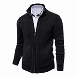 AOLI RAY Herren Strickjacke Stehkragen Cardigan mit Reißverschluß und Taschen Feinstrike Pullover Schwarz S