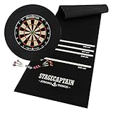 Stagecaptain DBS-1715 Bullseye Pro Dartscheibe mit Pfeilen - Profi Steeldartscheibe aus Sisal mit 6 Dartpfeilen und 4 Sets Flights - Dartboard mit dünnen Drähten - Set inkl. Dartmatte und Surround