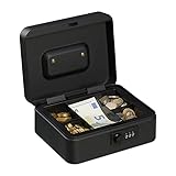 Relaxdays Geldkassette, 3-stellige Zahlenkombination, Münzeinsatz, Geldkasten Eisen, Kasse, HBT 8,5x20x17 cm, schwarz