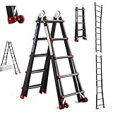 TEENO Aluleiter Mehrzweckleiter 5,1M, 5x5 Sprossen, 5-in-1-Multifunktionsleiter mit abnehmbaren Rädern und Verstärkte Dreieckskonstruktion, Bockleiter Schiebeleiter, Beidseitige Steh, Schwarz