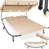 tectake Sonnenliege, Doppelliege, Outdoor Liege für 2 Personen, Gartenliege mit Sonnendach, Relaxliege, Sonnenliege mit Dach, inkl. 2 Kissen, ideal für Garten oder Balkon - schwarz/beige