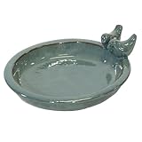 colourliving | Vogeltränke Winterfest rund 30 cm | Noble Keramik glasiert | Vogelbad mit 2 Deko Vögel | Vobelbecken Garten (Moos Grün)