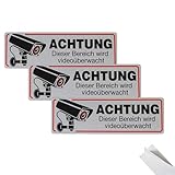 Videoüberwachung Schild 3 Stück 12cm×4cm mit Tape, Gebürsteter Aluminium Achtung Videoüberwachung Schild, Achtung Privatgrundstück, Selbstklebend & Aluminium