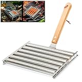 Hot Dog Roller für Grill Edelstahl BBQ Hot Dog Grill Roller mit Holzgriff, Wurstwalze Rack für 5 Hot Dog Kapazität (M)