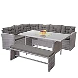 Mendler Poly-Rattan-Garnitur HWC-A29, Gartengarnitur Sitzgruppe Lounge-Esstisch-Set Sofa, hellgrau - Kissen grau, mit Bank
