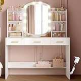 HEXCELEN Schminktisch mit Ovalen Spiegel, Frisiertisch, Schubladen mit Offenen Fächern, für Schlafzimmer und Ankleidezimmer, 40 × 108 × 145,5 cm Weiß