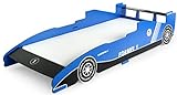 Leomark Blau Autobett aus Holz - Formel 1 - Einzelbett mit Matratze, Rausfallschutz, Lattenrost, Schlafbereich 200x90, Funktionsbett für Kinder