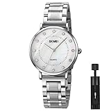 SKMEI Frauen Uhren Diamant Großes Zifferblatt Dünn Slim Edelstahl Luxus Mode Analog Quarz Wasserdicht Kleid Casual Einfache Damen Frauen Rose Gold Armbanduhr Geschenke, silber, 33mm