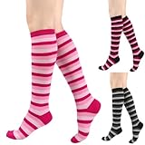 JAWSEU 3 Paar Damen Bunte Gestreifte Regenbogen Muster Socken Sportsocken Baumwollsocken Bunte Ringelsocken Kniestrümpfe Christmas Thigh High Socks Bunte Oberschenkel Hohe Socken für Damen Mädchen