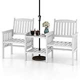 COSTWAY Gartenbank mit Tisch, 2-Sitzer Bank mit 5 cm Schirmloch, Holzbank aus Tannenholz bis 330 kg, Sitzbank Parkbank Outdoor, Gartenstuhl für Balkon Garten Terrasse, 165 x 60 x 88 cm, Weiß