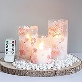 Mavandes Flammenlose Glas LED Kerzen mit Fernbedienung und Timerfunktion,Kirschblüte Batteriebetrieben Echtes Wachs 3er-Satz Warmes Feuer Elektrische Stumpenkerzen(7,5CM x 10 12,5 15CM)