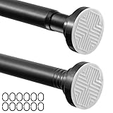 Wusboo Gardinenstange ohne Bohren – 1 Schwarze Teleskopstange Zum Klemmen (72–130 cm) mit 12 Duschvorhangringen in C-Form, Geeignet für Fenster, Badezimmer und Kleiderschrank