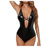 MJGkhiy Dessous Damen Sexy Reizwäsche Leder,Perspektiv Erotische Dessous Sexy Cosplay Catwoman Kostüme Aushöhlen Körper Spitzen Set V-Ausschnitt Chemise Cami Slip Spitze Nachtwäsche Kleid