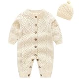 amropi Gestrickte Strampler Baby Mädchen Spieler und Mütze Strickanzug Schneeanzug Overalls Beige,0-6 Monate