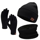 Bequemer Laden Wintermütze Herren Strickmütze, Rundschal, Touchscreen Handschuhe - Sets, Warme Handschuhe Winterschal und Mütze mit Fleecefutter, Schwarz, Einheitsgröße
