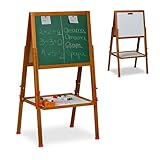Relaxdays Kinderstandtafel, magnetische Spieltafel, höhenverstellbar, 102-135x55x52 cm, Whiteboard & Kreidetafel, braun