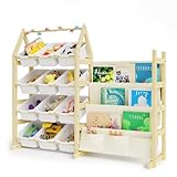 DUHARS Bücherregal Kinder Spielzeug Aufbewahrung Regal Holz, mit 12 Boxen Spielzeug Regal Kinderzimmer, Montessori Bücherregal für Kinderzimmer, Spielzimmer, Kindergarten, Schule, Spielzeug Organizer