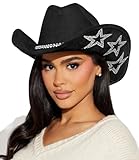 HilyBony Klassischer Western-Cowboyhut Shiny-Strass Stern Cowgirl Filzhut für Party-Kostüme