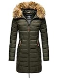 MARIKOO Damen Wintermantel warmer Steppmantel lang mit Kapuze und abnehmbarem Kunstfell-Kragen Rose Grün Gr. M