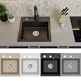 Faizee Home | Spülbecken Granit Schwarz 49x52 cm | Hochwertige Küchenspüle & Einbauspüle | Eckiges Spülbecken | Beidseitig montierbare Granitspüle | Einbaugranitspüle ab 45 cm | Inkl. Siphon-Set