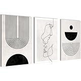 Novart Bilder Set Abstrakte Figuren - Kein Extra Rahmen benötigt - Wandbilder für Wohnzimmer Schlafzimmer Flur - 3 Teilig Deko Beige Schwarz - N033336a
