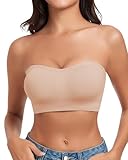 WOWENY Trägerloser Bandeau BH Hautfarben Damen ohne Bügel Tube Top Nahtlos Gepolsterter Bralette mit Durchsichtigen Trägern Rutschfestes Silikon[Beige,