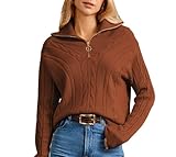 GRACE KARIN Langarm-Top mit Viertelreißverschluss Revers Einfarbig Lockerer Freizeitpullover Braun M