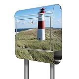 banjado® Standbriefkasten Edelstahl mit Zeitungsfach Motiv Leuchtturm/Briefkasten mit Standfuß/Edelstahl Briefkasten freistehend - A4 Einwurf inkl. 2 Schlüssel