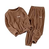 Loungewear-Sets für Damen, UK-Bekleidungs-Set – Pyjama für Damen, flauschig, Übergröße, 2-teilig, langärmelig, Rundhalsausschnitt, dicker warmer Fleece-Schlafanzug, Bündchen, enganliegend, bequem