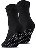 Stoeury 2 Paar ABS Socken mit Wolle Herren Damen, Thermosocken aus Volle-Frottee, Anti Rutsch Wollsocken, Rutschfeste Stoppersocken, Warme Dicke Socken Wintersocken, Haussocken, Schwarz, 43-46