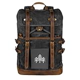 HOLZBRÜDER® Rucksack mit wechselbarem Patch, Canvas Lederrucksack mit Laptopfach, Reise Handgepäck für Flugzeug geeignet (Schwarzblau)