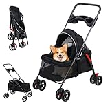 Haustier-Kinderwagen für Hunde und Katzen, faltbarer Reise-Kinderwagen, Katzen-Jogger-Kinderwagen mit Rädern, Getränkehalter, verstellbarem Baldachin, großem Aufbewahrungskorb und sichtbarem Netz, für
