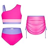GRACE KARIN Mädchen Badeanzug Set Einschulter Bikini Top Shorts Rock Sommer Schwimmbad Rosa Rot XL
